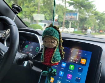 Crochet Our Lady of Guadalupe Car Hanging – Handmade Rear View Mirror Ornament, Religious Car Charm, Catholic Gift