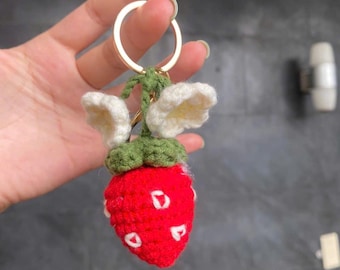 Handmade Crochet Strawberry Keychain – Cute Amigurumi Yarn Keychain, Bag Charm