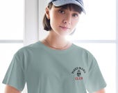 Tired Mama Club Women’s Embroidered Crop Tee – Minimalist Mom Life Shirt