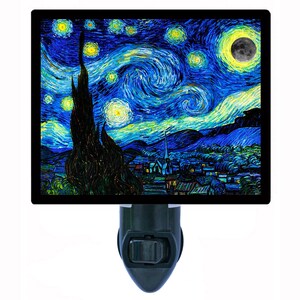 May include: A nightlight featuring a reproduction of Vincent van Gogh's "Starry Night" painting. The nightlight has a black frame and a white switch.