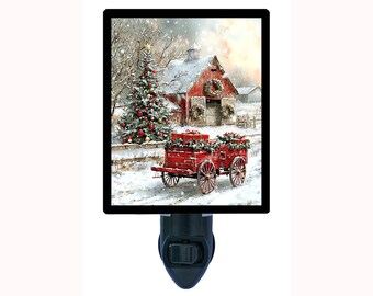 Holiday Barn - Red Barn Christmas Tree Night Light, Snowy Farmhouse, Vintage Wagon, Wreaths, Country Winter Scene | FREE Switchable Insert
