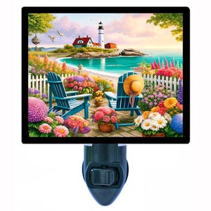 Coastal Garden Retreat – Lighthouse and Flowers Night Light – Nautical Plug In Light – Coastal Home Decor – Free Switchable Insert Included