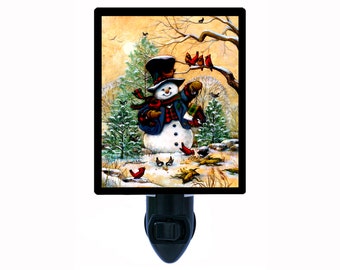 Decorative Photo Night Light, Winter Friends, Snowman, Cardinal, Birds. Also Includes a FREE Switchable Insert.