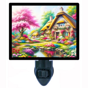 Cottage Pond – Cabin Garden Night Light – Rustic Plug In Light – Cozy Home Decor – Free Switchable Insert Included