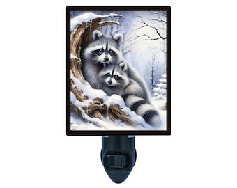 Winter Raccoons Night Light, Woodland Animal Cabin Decor, Rustic Wildlife Gift, Cozy Snowy Forest Scene | FREE Switchable Insert