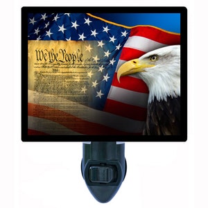 May include: A night light featuring a close-up of an American bald eagle with a waving American flag in the background. The text "We the People" from the US Constitution is visible on the flag.