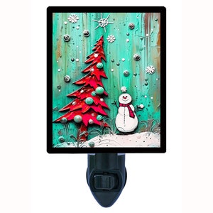 Frosty Celebration – Snowman and Christmas Tree Night Light – Holiday Plug In Light – Festive Winter Home Decor – Free Insert Included