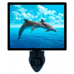 May include: A nightlight with a picture of two dolphins jumping out of the water against a blue sky with white clouds. The nightlight is black and has a switch on the side.