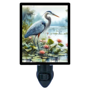 Graceful Lotus Watcher – Crane by Lake Night Light – Serene Nature Plug In Light – Cozy Home Decor – Free Switchable Insert Included