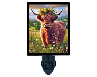 Highland Majesty Vertical – Highland Cow Night Light – Farmhouse Decor – Floral Crown Plug In Light – Free Switchable Insert Included