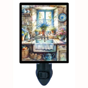 Country Sink with Blue Flowers – Kitchen Night Light – Floral Plug In Light – Cozy Home Decor – Free Switchable Insert Included