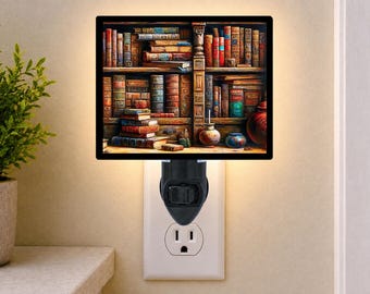 Vintage Bookshelf – Library Night Light – Classic Books Decor – Reading Room Plug In Light – Free Switchable Insert Included