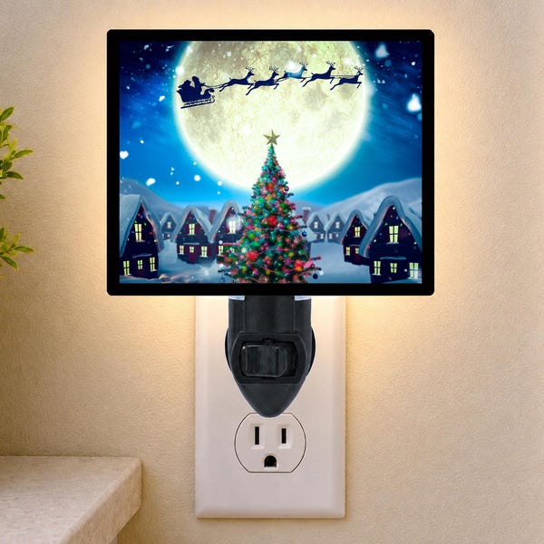 Santa’s Moon – Santa Sleigh and Reindeer Night Light – Christmas Tree Plug In Light – Holiday Decor – Free Switchable Insert Included