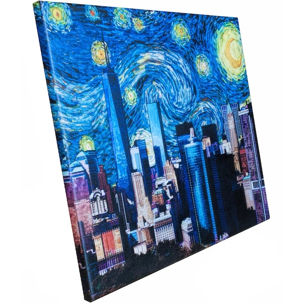 New York City Starry Night Canvas Print, NYC Skyline on Vincent Van Gogh Starry Night Background, Available Stretched or Canvas Only