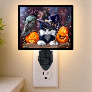 May include: A rectangular plug-in night light featuring a black cat wearing a purple witch hat, a grey crow, and two orange jack-o'-lanterns. The scene is set against a dark, spooky forest background with glowing lights, all framed in black.