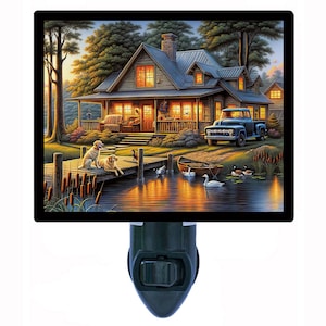 Evening Glow Retreat – Cabin Lake Dock Night Light with Dogs – Rustic Plug In Light – Cozy Home Decor – Free Switchable Insert Included