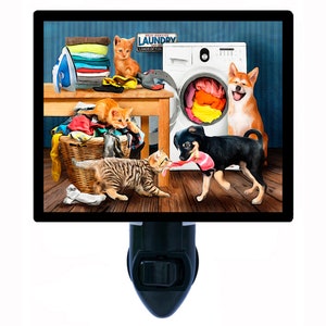 Laundry Room Laughs – Dogs and Cats Night Light – Cute Pet Plug In Light – Cozy Home Decor – Free Switchable Insert Included