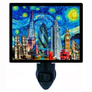 May include: A nightlight featuring a colorful, abstract painting of London landmarks, including Big Ben, the London Eye, and the Shard. The painting is in a style reminiscent of Vincent van Gogh's Starry Night.