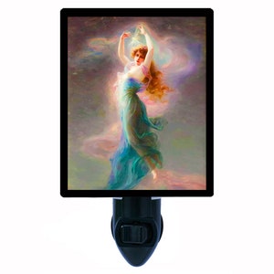 May include: A nightlight featuring a painting of a woman in a flowing blue and green dress, reaching up towards a bright light in a cloudy sky.