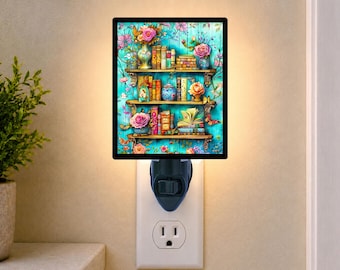Floral Bookshelf – Books and Library Night Light – Floral Plug In Light – Cozy Home Decor – Free Switchable Insert Included