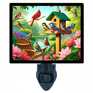 Garden Oasis – Bird House with Cardinal and Bluebird Night Light – Summer Plug In Light – Cozy Home Decor – Free Switchable Insert Included