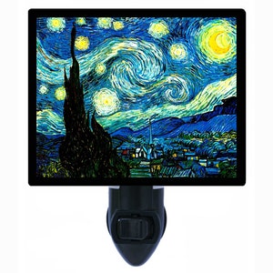 May include: A nightlight featuring a reproduction of Vincent van Gogh's famous painting, "Starry Night". The nightlight is black and has a white on/off switch.