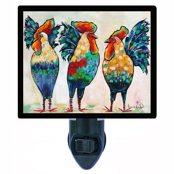 Decorative Photo Night Light, Three Roosters, Birds, Chickens. Also Includes a FREE Switchable Insert.