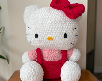 Gehaakte witte kattenpluche met roze strik | Handgemaakte kawaii knuffel | Amigurumi-kat