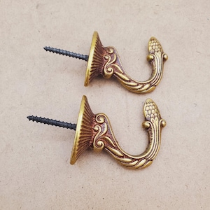 Par de 2 ganchos vintage de latón macizo dorado para sujetar cortinas, ganchos de pared para decoración del hogar, regalo, perchero de lujo dorado pequeño