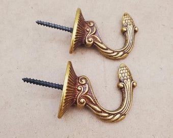 Vintage Gold Brass Curtain Tie Back Hooks - Wall Mounted, Set of 2