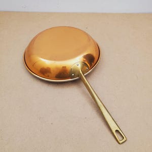 Vintage metalen koperen en messing koekenpan, koekenpan, 14,5" lang en 8" pangrootte, kwaliteit, vintage koperen koekenpan - koperen geklonken handvat