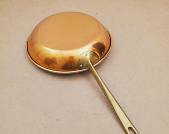 Vintage Metal Copper and Brass Frying Pan, Skillet, 14.5" Long and 8 " Pan Size, Quality, vintage Copper Frying Pan-Copper rivetted handle