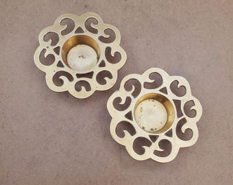Vintage Solid Brass Votive/Tea Light Candle Holder - Sold together - Vintage Brass Tea Light Holders: Round Holiday Decor, Set of 2