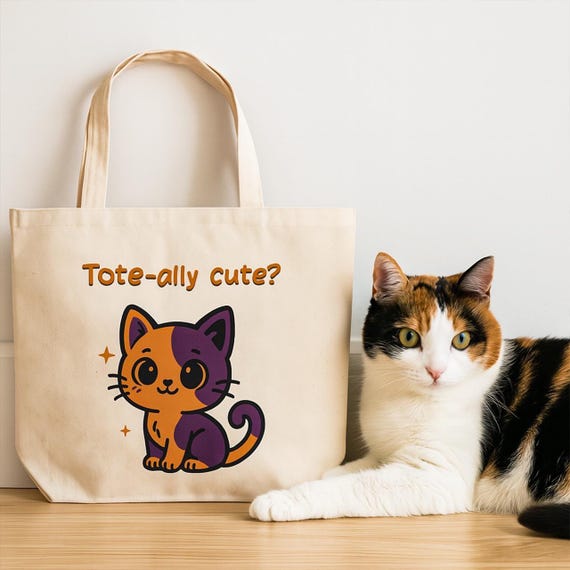 Cute Cat Canvas Tote Bag, Halloween Colors, Cat Lover Gift, Funny - Main Image