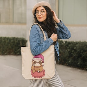 Cozy Sloth Canvas Tote Bag, Cute Tote for Shopping, Beach, Gifts, Eco-Friendly, Fun Sloth Gift for Animal Lovers