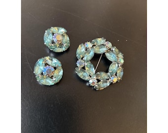 Vintage Aqua Blue Rhinestone Wreath Brooch and Clip On Earrings Set AB Accents