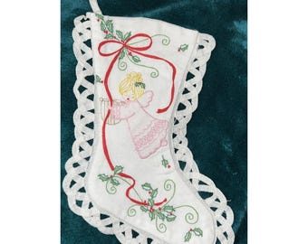 Vintage Battenberg Lace Angel Holly Christmas Small Stocking Embroidery Appliqué