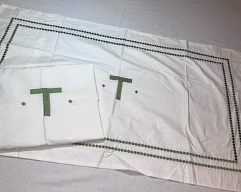 2 Pottery Barn Pearl green embroidered King shams "T" Embroidered Cotton