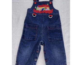 Mono vintage de los años 80 de Sears, talla M, de mezclilla con finas rayas rojas, NOAHS ARK, 9-12 meses.