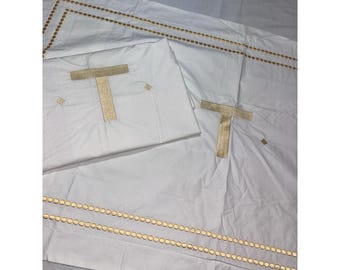 2 Pottery Barn Pearl Yellow embroidered King shams "T" Embroidered Cotton