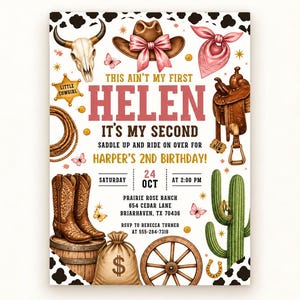 Könnte beinhalten: Eine Geburtstagseinladungskarte im Cowgirl-Stil mit Illustrationen von Kuhschädel, braunem Hut mit rosa Schleife, Halstuch, Sattel, Stiefeln, Kaktus und Wagenrad. Der Text lautet: This ain't my first Helen it's my second.