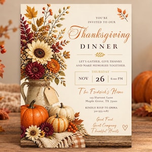 Könnte beinhalten: Eine Einladungskarte zum Thanksgiving-Dinner mit einem Blumenarrangement in einem rustikalen Krug, Kürbissen und Herbstblättern. Der Text lautet: You're invited to our Thanksgiving Dinner, Thursday Nov 26, 6:00 PM, The Fredrick's Home.