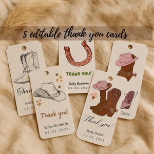 Editable Cowboy Baby Shower Thank You Tags – Western Party Gift Tags – Printable Favor Tags for Baby Boy – Instant Download (5 Cards)