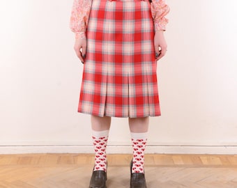 Vintage 1970s Red Plaid Wool Pleated Skirt – Box Pleat Midi Skirt – Small – Retro 40s Secretary Style Office Skirt– Smart Casual Preppy Look