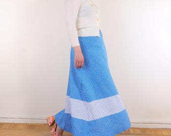 Vintage 70s Ditsy Floral Cotton Long Maxi skirt in Blue ~S, Hippie Cottagecore A-line skirt