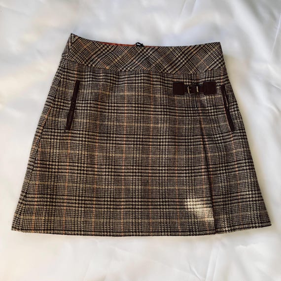 Vintage Checkered Mini Skirt by Montego | Wool Blend Plaid Skirt with Buckle Detail | Size 36 | Lined Retro Skirt | Made in Turkey