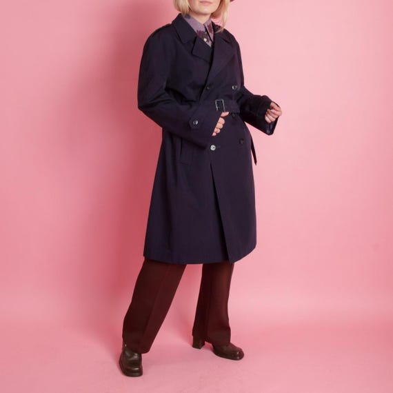 Vintage Minimalist Trench coat w belt in Navy blue Capsule Wardrobe EU50 (~M)