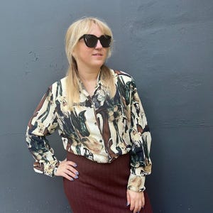 80s Vintage Abstract Print Blouse with Shoulder Pads M size, Office blouse, Party shirt