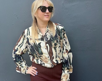 80s Vintage Abstract Print Blouse with Shoulder Pads M size, Office blouse, Party shirt
