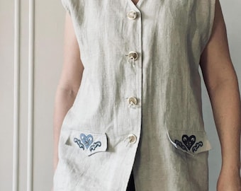 Vintage Kenzo Linen Vest 1980s | Short Red Floral Embroidered